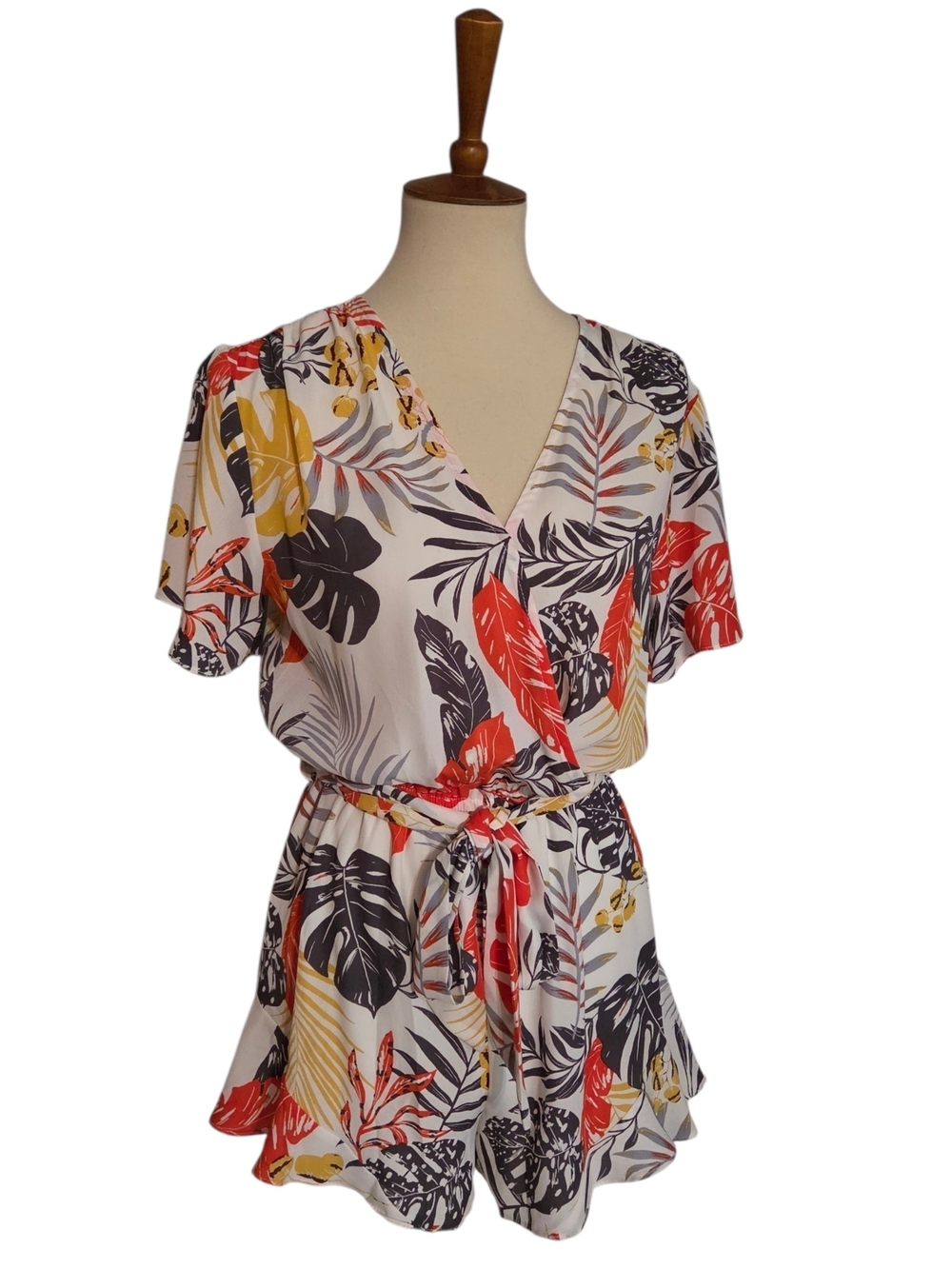 She + Sky Tropical Print Romper in White, Red & Yellow